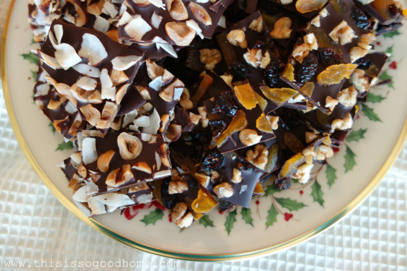 Dark Chocolate Bark Three Ways (Cranberry Pistachio, Apricot Cranberry Walnut, and Toasted Coconut and Hazelnut with Sea Salt) // deliciousobsessions.com