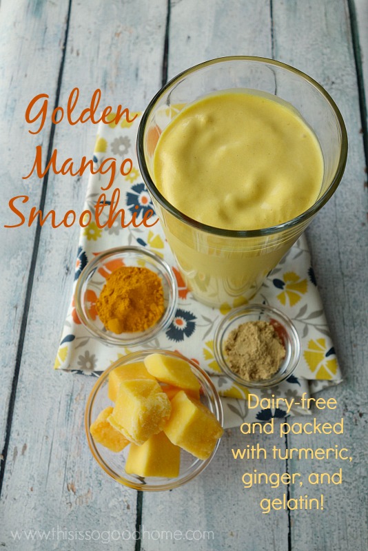 Golden Mango Smoothie (A delicious smoothie packed with turmeric, ginger, and gelatin!) / deliciousobsessions.com