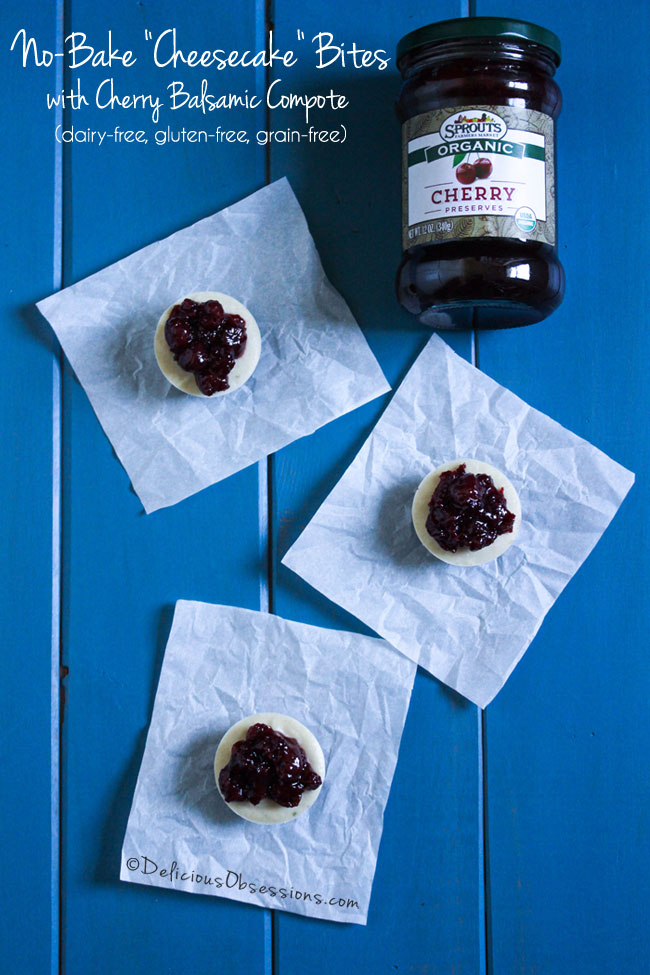 No-Bake "Cheesecake" Bites with Cherry Balsamic Compote :: Dairy-Free, Gluten-Free, Grain-Free // deliciousobsessions.com
