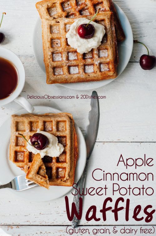 Apple Cinnamon Sweet Potato Waffles (gluten, grain, and dairy free) + My NEW Line of Gluten-Free Flours! // deliciousobsessions.com and 20dishes.com