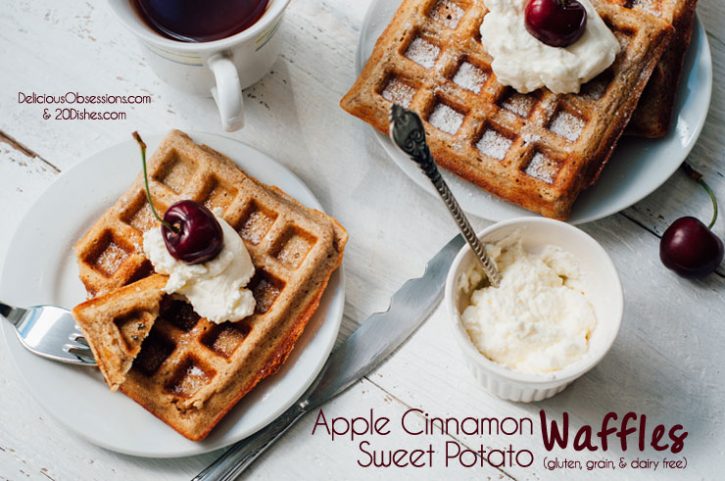 Apple Cinnamon Sweet Potato Waffles (gluten, grain, and dairy free) + My NEW Line of Gluten-Free Flours! // deliciousobsessions.com and 20dishes.com