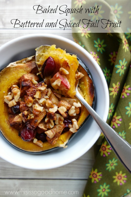 Baked Squash with Buttered and Spiced Fall Fruit is elegant enough for a dinner party or your Thanksgiving table but is simple enough to make for a weeknight meal. Buttery acorn squash is stuffed with apples, pears, and cranberries, baked in butter, and topped with crunchy nuts! // deliciousobsessions.com