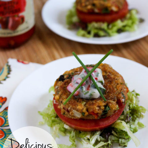 Roasted Red Pepper and Artichoke Lentil Burgers with Cucumber Herb Raita :: Gluten-Free, Dairy-Free, Vegan // deliciousobsessions.com