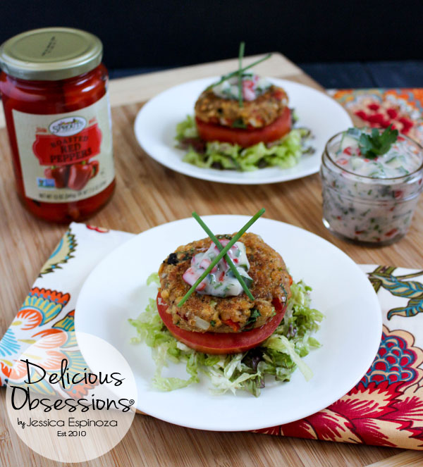 Roasted Red Pepper and Artichoke Lentil Burgers with Cucumber Herb Raita :: Gluten-Free, Dairy-Free, Vegan